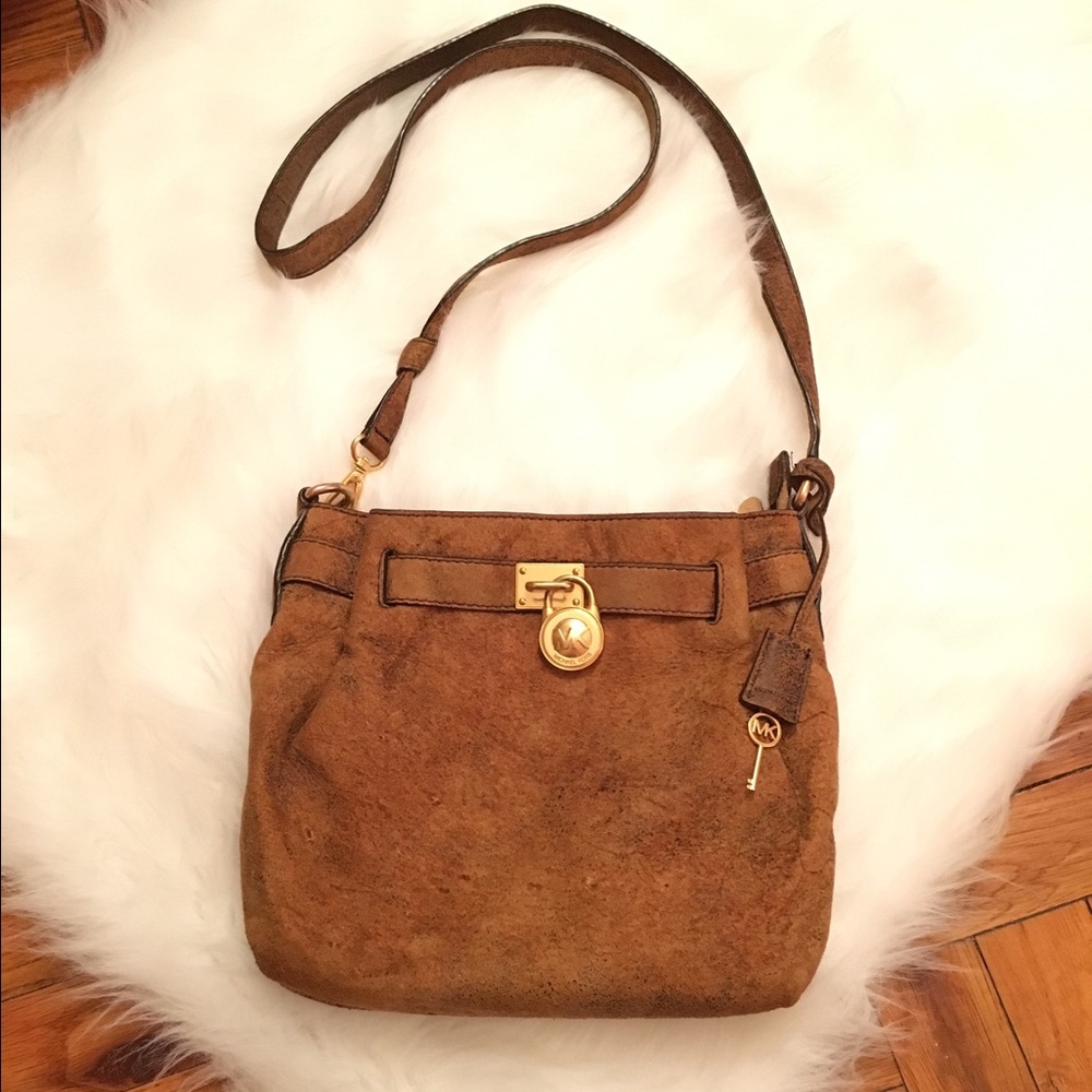 Michael Kors Distressed Light Brown Suede Leather Crossbody Bag